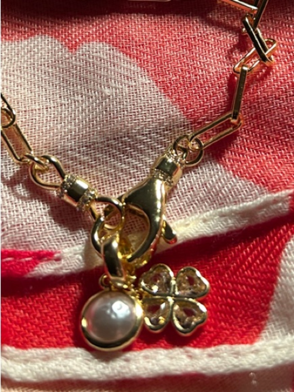 Charm Bracelet with Bezeled Pearl & Clover with Pink CZ  Stones Carabiner Clasp
